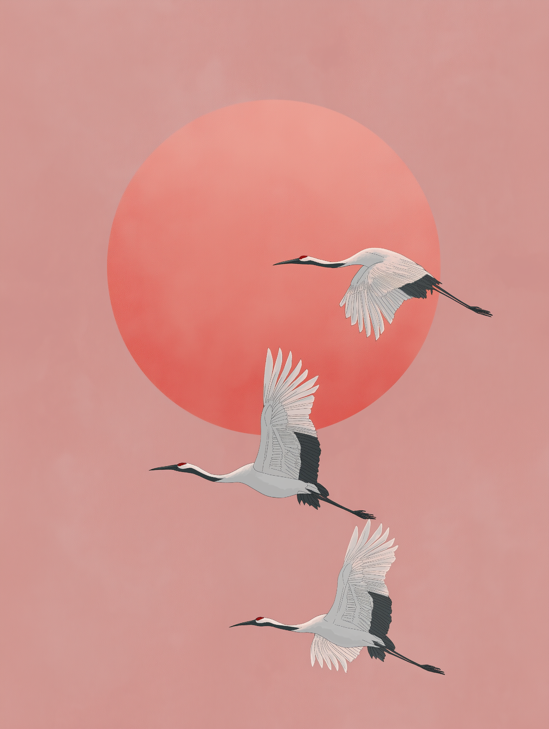 Tableau zen Grues blanches - Soleil couchant et sérénité japonaise