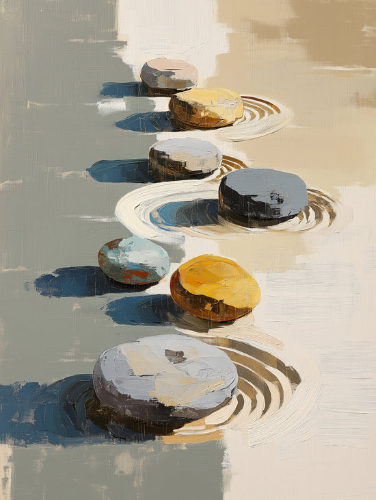 Tableau abstrait de galets colorés sur fond texturé beige et bleu, évoquant la sérénité