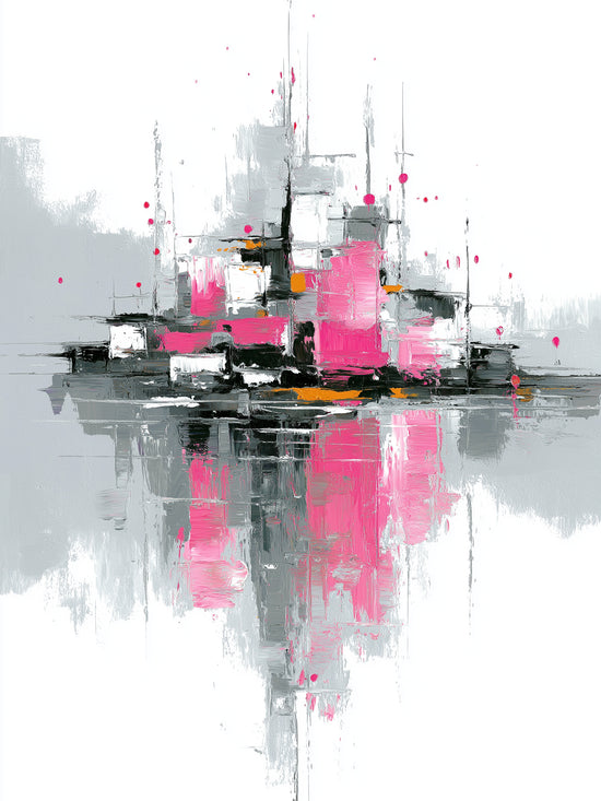 Tableau abstrait aux touches de rose et gris, style moderne et urbain, reflétant une atmosphère dynamique