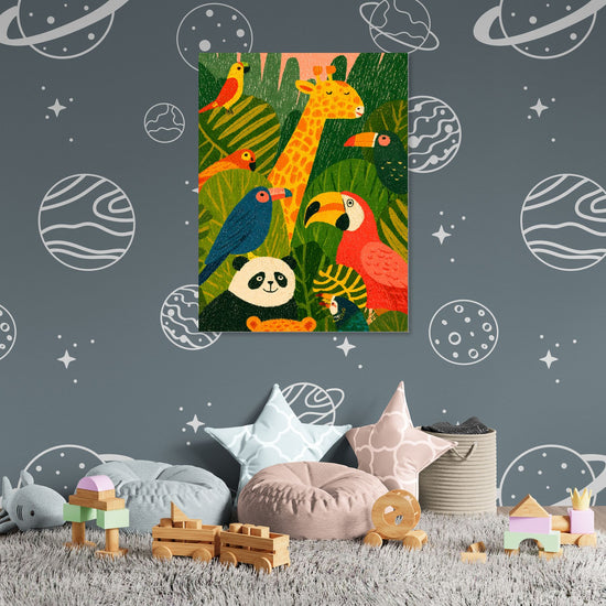 Colorful exotic animal wall art in a jungle setting, playful vibe for children's room