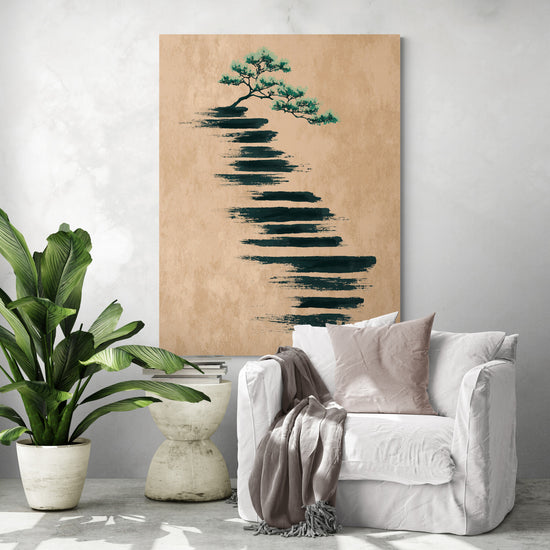 Decorative wall art with stylized tree on earthy tone and ink wash, zen ambiance in an elegant living room