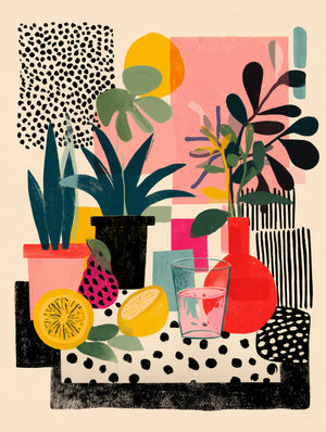 Tableau art déco avec motifs botaniques et fruits colorés, style éclectique moderne
