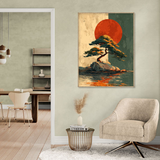 Wall art with a tree on an island and a large orange sun, zen style, in a modern and soothing living room