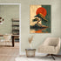 Wall art with a tree on an island and a large orange sun, zen style, in a modern and soothing living room