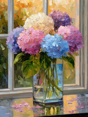 Impressionist painting of colorful flower bouquet in front of a sunny window, peaceful and soft ambiance