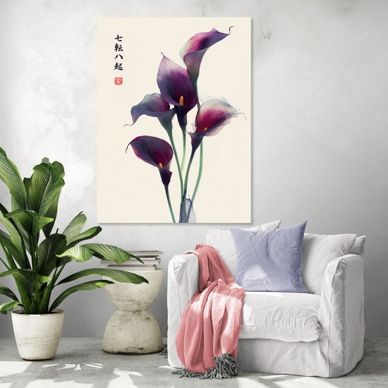 Wall art of purple calla lilies on cream background, zen style, peaceful ambiance in modern living room