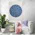 Circular blue calligraphy art on a white background, Arabic style, serene and minimalist living room vibe