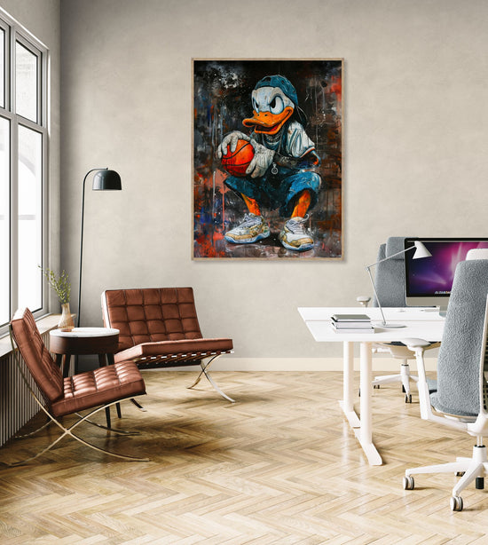 cadre deco mural de canard street art avec ballon de basket dans un bureau moderne, touche urbaine et dynamique