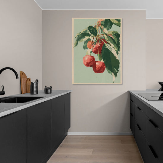 Cherry painting on green background in a modern kitchen, natural and minimalist style