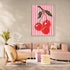 Art print of red cherries on pink striped background, vibrant pop art style in a modern living room