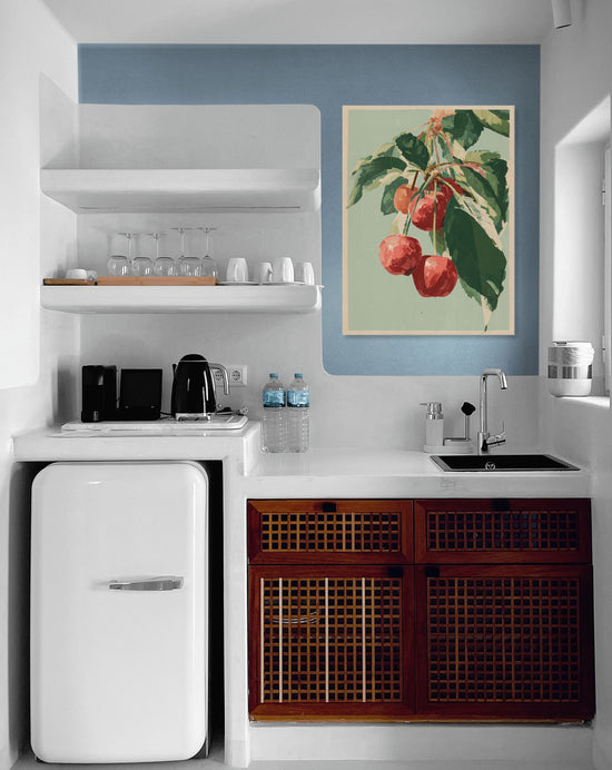Red cherries on a green background in a modern retro style kitchen