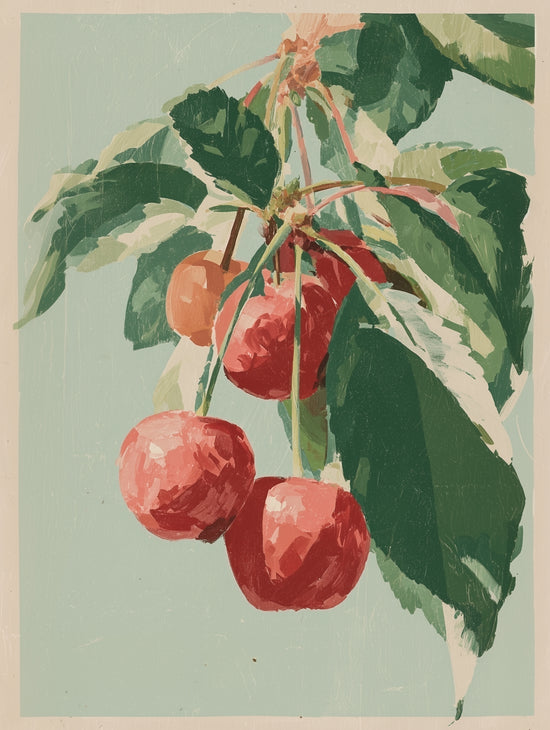 Vintage style painting poster of cherry branches with red fruit on green background, natural and soothing style