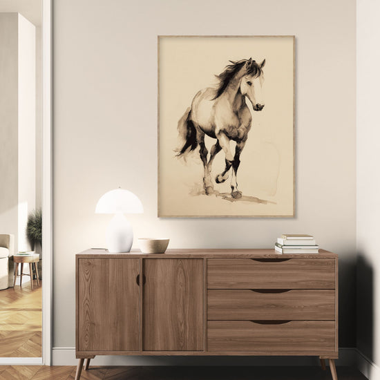 Wall artwork of a horse in motion, watercolor style, in an elegant and minimalist interior