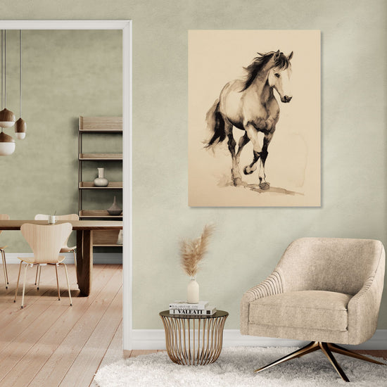 Black and white horse painting in a simple living room, natural and elegant style