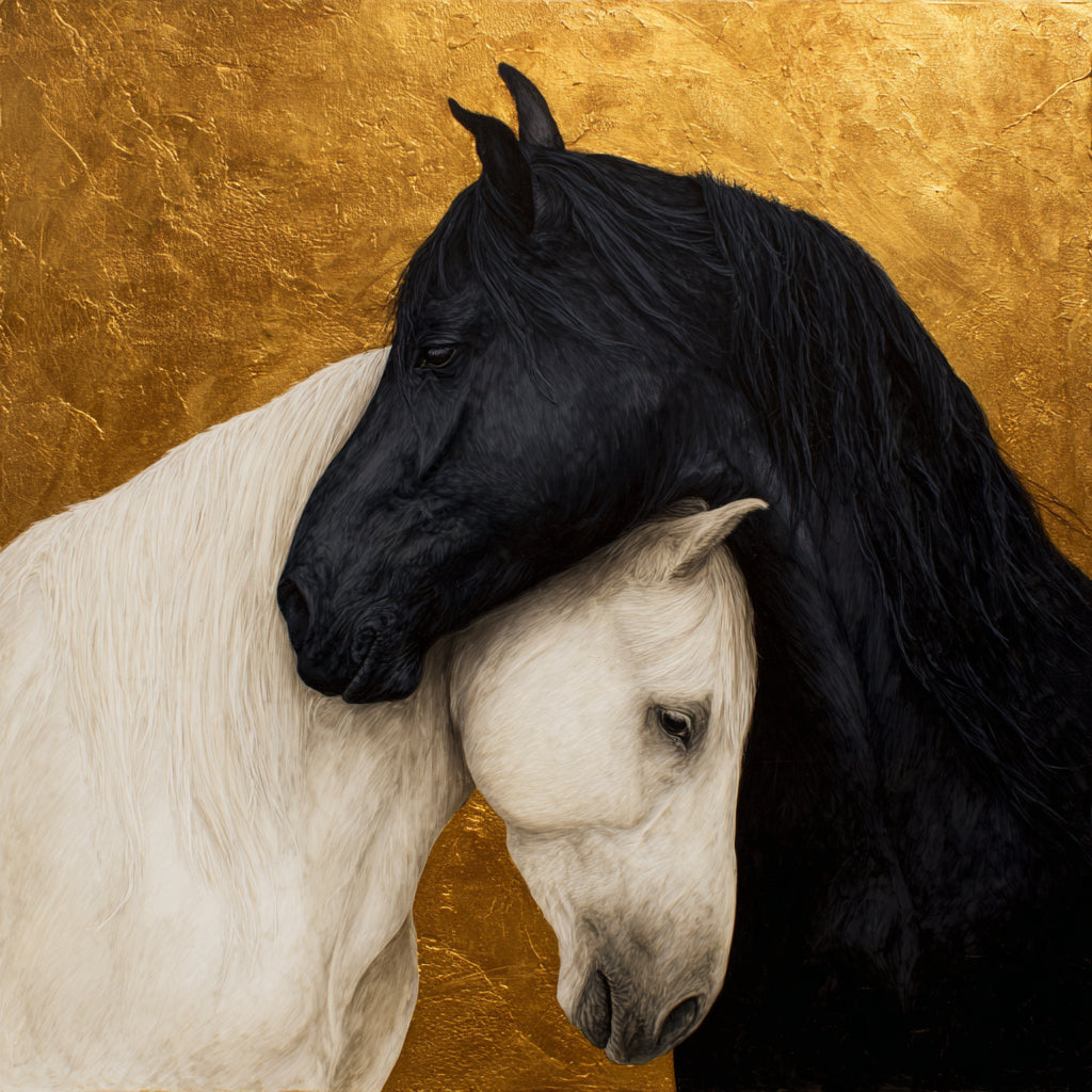 Black and White Horses Canvas Wall Art – Gold Accents