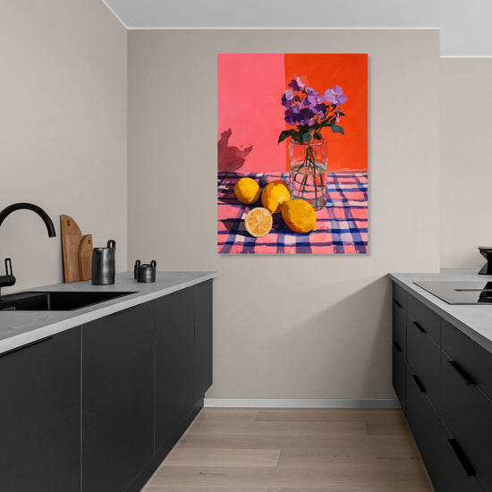 Colorful lemons and flowers still life on a tablecloth, lively modern kitchen wall decor print