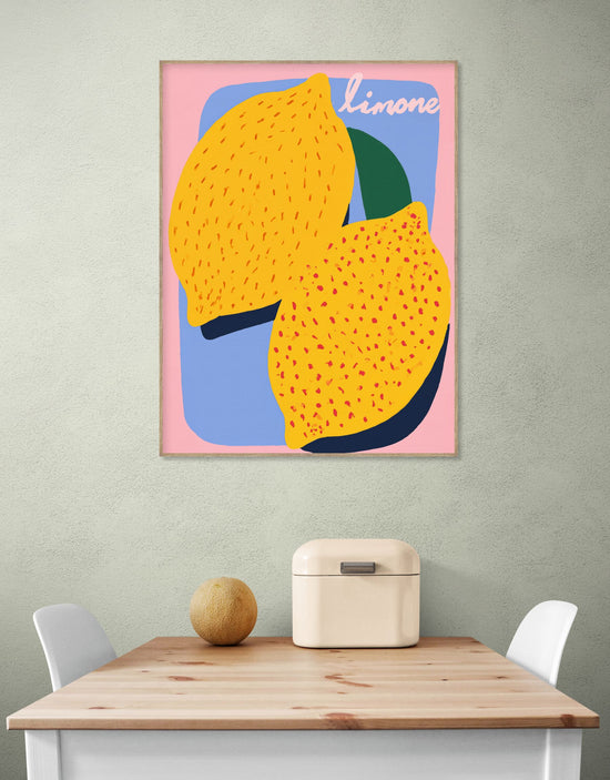 Colorful Lemon Wall Art on Pastel Background for a Modern, Vibrant Kitchen