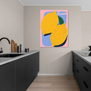 Tableau de citrons jaune vif sur fond rose et bleu, style pop art pour cuisine moderne