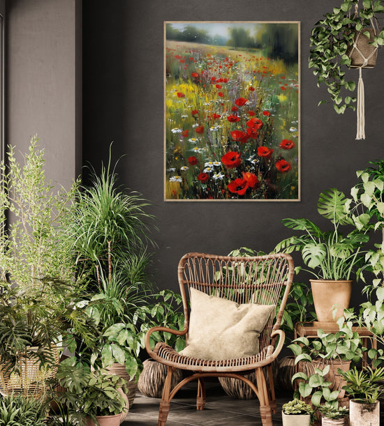 Red poppies country landscape wall art, calming nature decor for a botanical living room