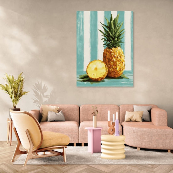 Pineapple wall art on a turquoise striped background in a cozy Scandinavian living room