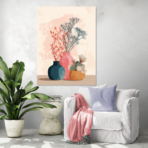 Floral decorative wall art with colorful vases for a modern and calming living room, minimalist illustration style.