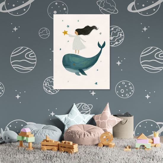 Children's canvas with flying whale and girl holding a star, dreamy cosmic room background
