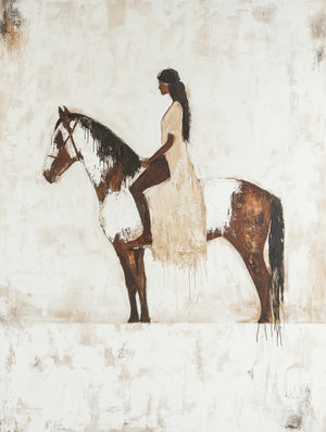 Minimalist equestrian artwork with woman on horse, earthy and beige tones, contemporary style