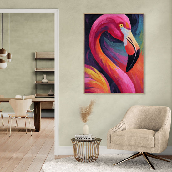Vibrant flamingo wall art in a modern living room, colorful and energetic ambiance, decorative art