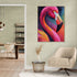 Vibrant flamingo wall art in a modern living room, colorful and energetic ambiance, decorative art