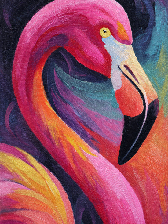 Vibrant flamingo artwork with warm shades, impressionist style for an exotic decor