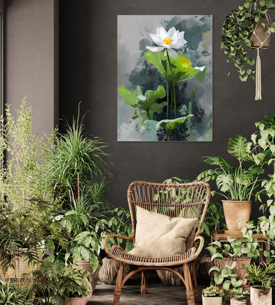 Tableau de fleur de lotus blanche sur fond aquarelle dans un intérieur naturel et boisé