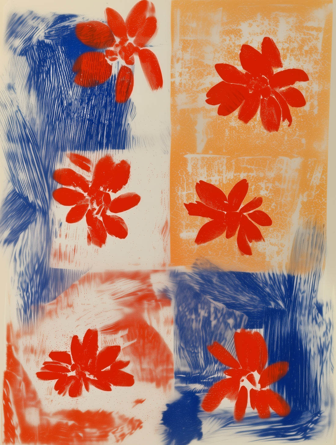 Tableau Fleurs abstraites - Contraste bleu-orange