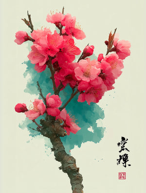 Tableau mural de fleurs de pêcher rose vif dans un style aquarelle asiatique