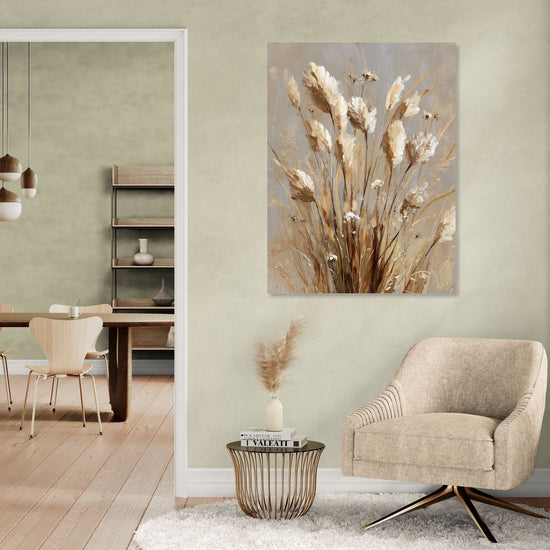 Beige and white wildflower still life canvas — neutral living room wall art