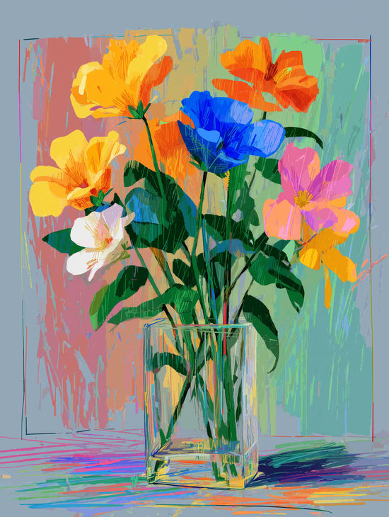 Colorful flower art in acrylic vase, impressionist style for a lively and bright interior