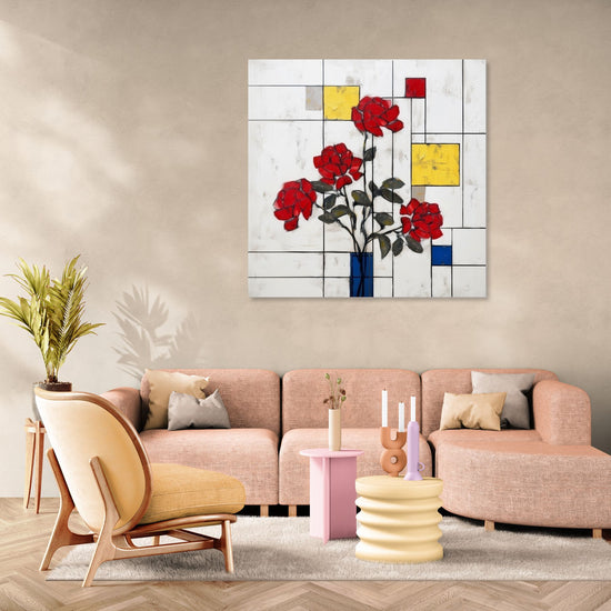 Modern floral art print with red roses on geometric background, chic pastel living room atmosphere