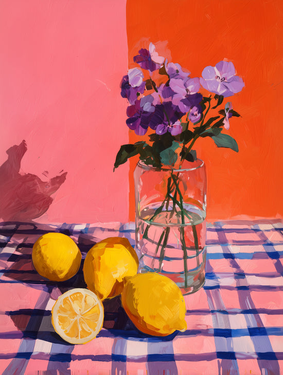 Vibrant still life wall art with yellow lemons and purple flowers on a pink and orange background