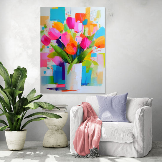 Colorful abstract floral artwork with pink and orange tulips, modern and vibrant ambiance in a bright living room