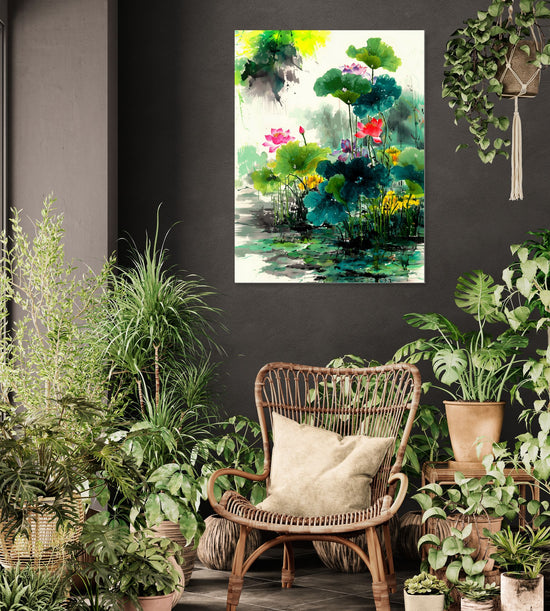 Vibrant watercolor lotus flower painting for a winter garden-style living room