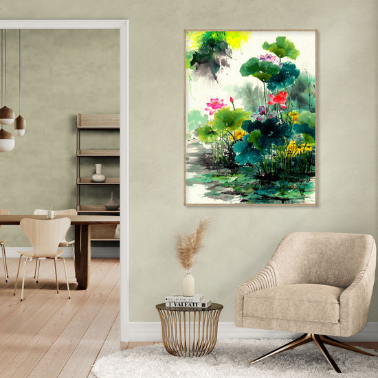 Vibrant watercolor floral art of water lilies for a natural and zen atmosphere in the living room