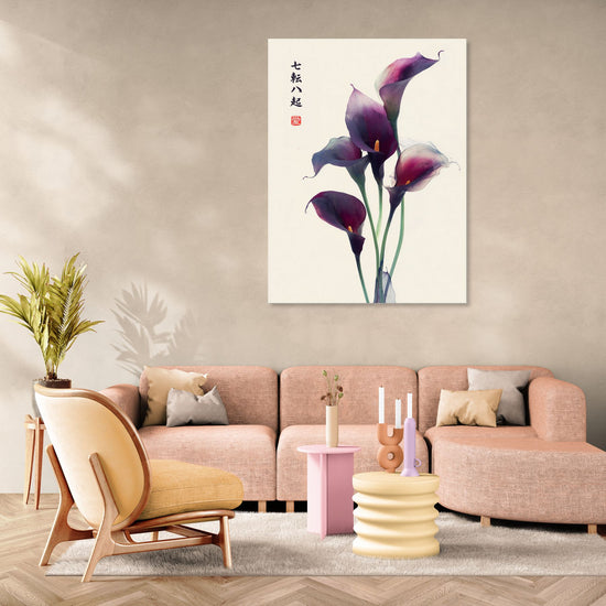 Floral painting with purple arums on beige background, zen style in modern and minimalist living room