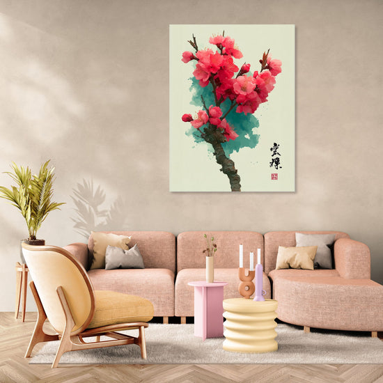 Tableau floral asiatique avec fleurs de êche roses dans un salon moderne et apaisant