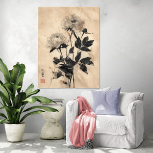 Asian-style monochrome floral art with peonies, zen ambiance in modern living room