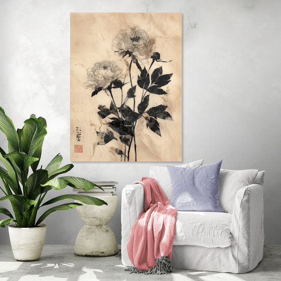 Asian-style monochrome floral art with peonies, zen ambiance in modern living room