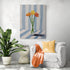 Vivid floral art on blue and white striped background, bold in a chic living room