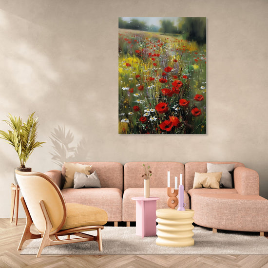 Red poppy floral wall art on a lush green meadow, romantic decor for a modern living room