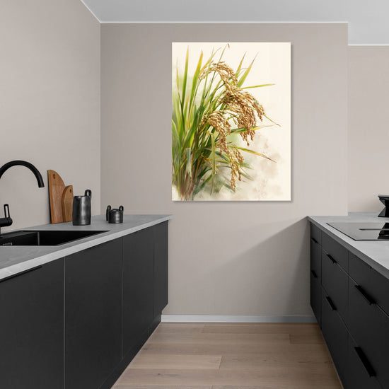 Floral artwork with rice ears, natural and calming ambiance in a modern kitchen