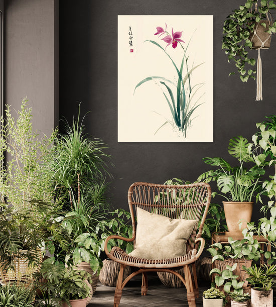 Tableau floral japonais avec orchidées roses dans un salon serein et végétalisé