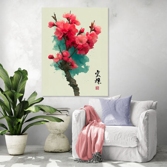 Tableau floral japonisant avec fleurs de pêche dans un salon zen et épuré