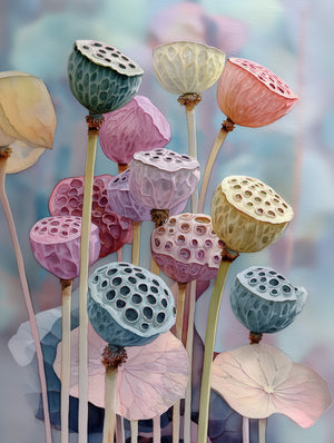 Tableau floral aquarelle de capsules de lotus colorées, ambiance douce et poétique